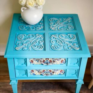 Floral Fusion | Wooden Blue Side Table with floral Décor - Image 3