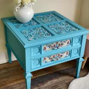 Floral Fusion | Wooden Blue Side Table with floral Décor - Image 2
