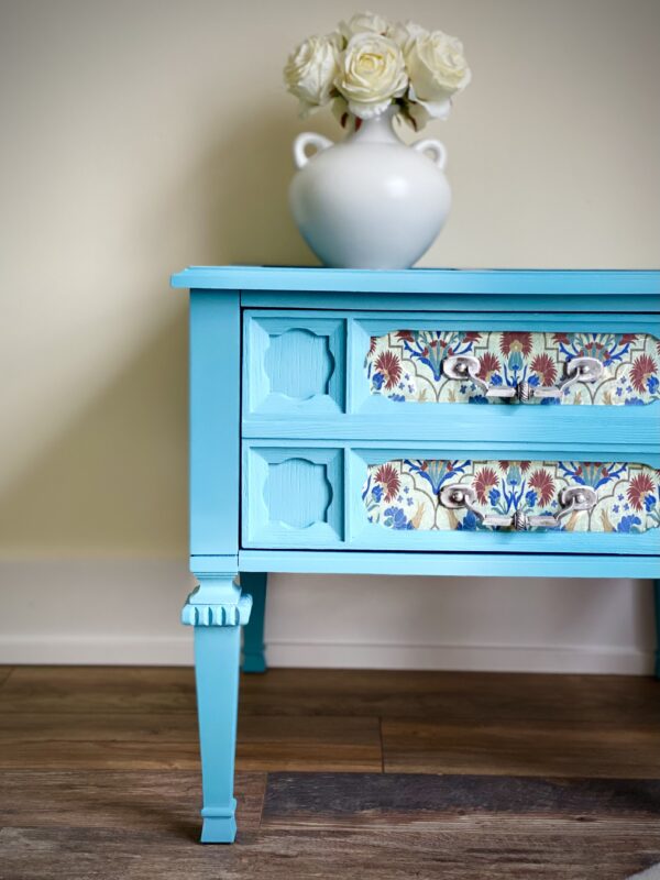 Floral Fusion | Wooden Blue Side Table with floral Décor